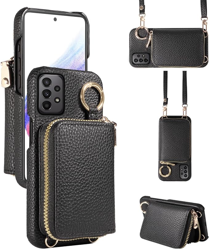 Wallet Case for Samsung Galaxy A53 5G with Shoulder Strap Ring Buckle, PU Leather Zipper Flip Organ Purse, Card Holder Stand Full Body Cell Phone Cover for A 53 G5 53A SM A536U 6.5" 2022 Black