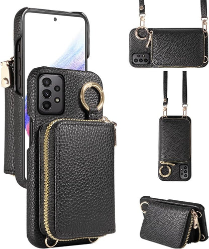 Wallet Case for Samsung Galaxy A53 5G with Shoulder Strap Ring Buckle, PU Leather Zipper Flip Organ Purse, Card Holder Stand Full Body Cell Phone Cover for A 53 G5 53A SM A536U 6.5" 2022 Black
