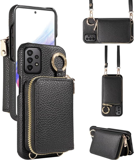 Wallet Case for Samsung Galaxy A53 5G with Shoulder Strap Ring Buckle, PU Leather Zipper Flip Organ Purse, Card Holder Stand Full Body Cell Phone Cover for A 53 G5 53A SM A536U 6.5" 2022 Black