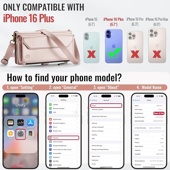 Strapurs Wallet Case Compatible with iPhone 16 Plus 6.7" RFID Blocking 10-Card Holder Soft PU Leather Magnetic Snap Shoulder Strap Zipper Pocket Phone Case Fit for iPhone 16 Plus - Rose Gold