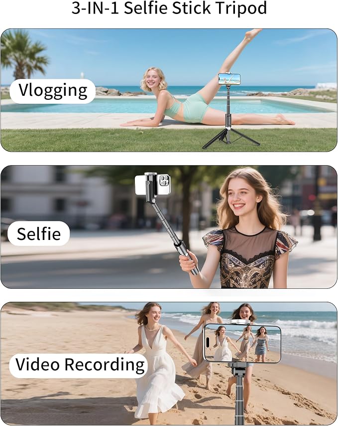 Selfie Stick Tripod for iPhone, Portable Cell Phone Tripod Stand with Wireless Remote, All in One Travel Tripods Selfie Stick, Compact Phone Stand Compatible with iPhone, Android, Samsung Series