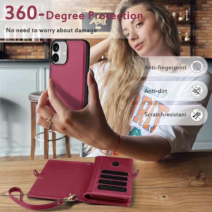 for Wallet Case Compatible with iPhone 16,Multi-Function Detachable 2 in 1 Magnetic iPhone 16 Case Wallet,Flip Strap Zipper Card Holder Phone Case with Shoulder Straps (Red)