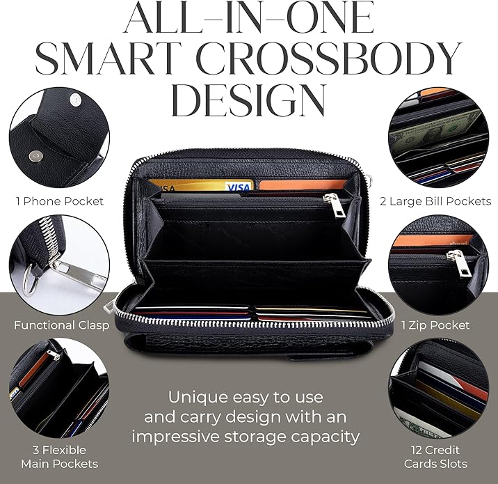 BULL GUARD Crossbody Leather Wallet Phone Purse, Anti Theft and RFID Blocking, Elegant Design for Travel