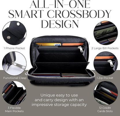 BULL GUARD Crossbody Leather Wallet Phone Purse, Anti Theft and RFID Blocking, Elegant Design for Travel