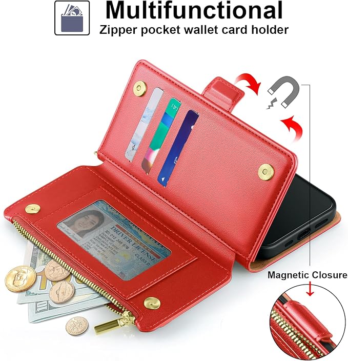 Antsturdy Compatible with iPhone 17 Pro Wallet Case Women,RFID Blocking PU Leather Phone Case Men Kickstand Flip Cover Wrist Strap Zipper Credit Card Holder Slots for Apple 17 Pro 6.3",Red