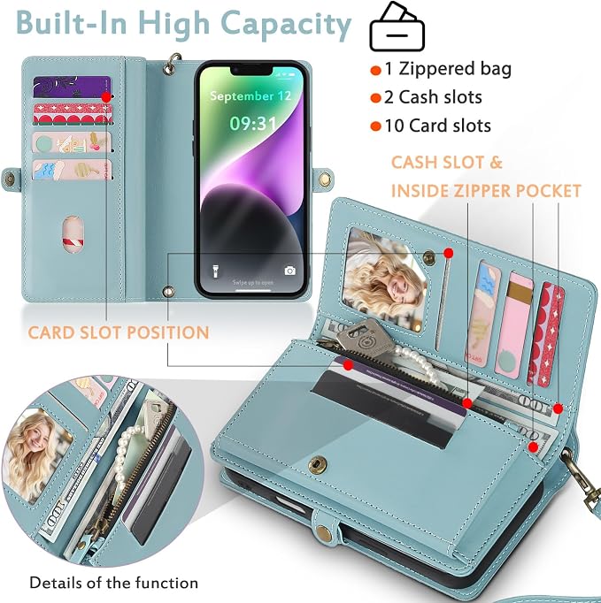 for Wallet Case Compatible with iPhone 14,Multi-Function Detachable 2 in 1 Magnetic iPhone 14 Case Wallet,Flip Strap Zipper Card Holder Phone Case with Shoulder Straps (Blue)