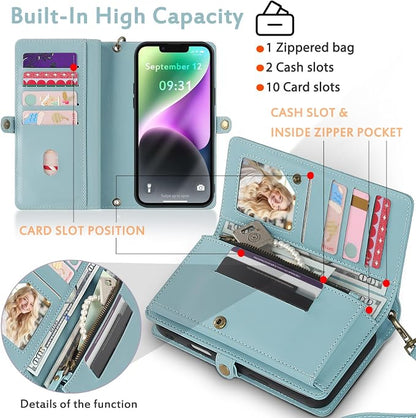 for Wallet Case Compatible with iPhone 14,Multi-Function Detachable 2 in 1 Magnetic iPhone 14 Case Wallet,Flip Strap Zipper Card Holder Phone Case with Shoulder Straps (Blue)