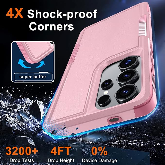 RMOCR Case for Samsung Galaxy S25 Ultra, Full Body Heavy Duty Rugged Shockproof Protective Phone Cover with Lanyard Strap, Tempered Glass Screen Protector and Camera Lens Cover, Cute Pink