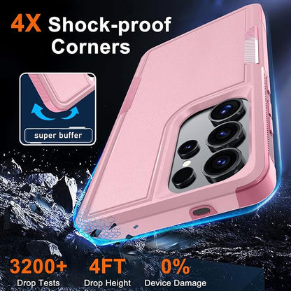 RMOCR Case for Samsung Galaxy S25 Ultra, Full Body Heavy Duty Rugged Shockproof Protective Phone Cover with Lanyard Strap, Tempered Glass Screen Protector and Camera Lens Cover, Cute Pink