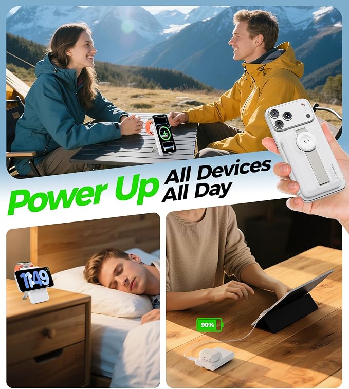 Magnetic Portable Charger,10000mAh MagSafe Power Bank Fast Charging with Stand,3 in 1 Travel Essential Wireless Charger Station for iPhone 17/16/15/14/13/12,Apple Watch,Airpods,White