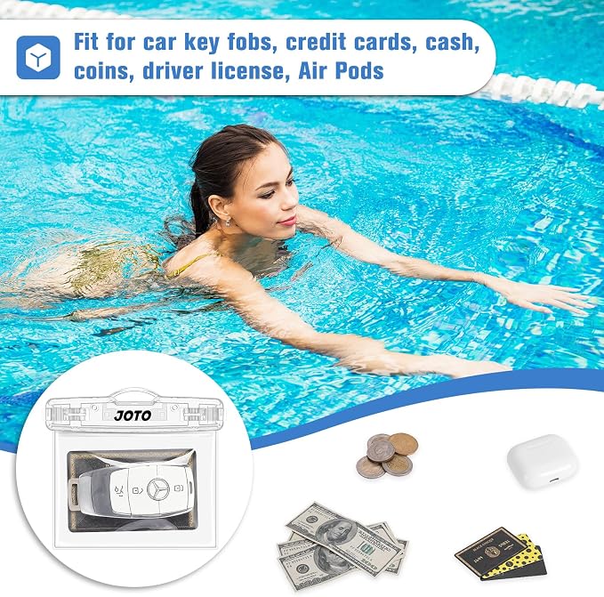 JOTO 2 Pack Waterproof Car Key FOB Case with Lanyard for Swimming Surfing, Small Waterproof Wallet Dry Bag for Money Credit ID Card Cash Coins -Crystal