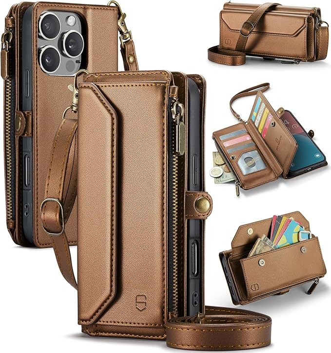 Strapurs Wallet Case Compatible with iPhone 16 Pro Max 6.9" RFID Blocking 10-Card Holder Soft PU Leather Magnetic Snap Shoulder Strap Zipper Pocket Phone Case Fit for iPhone 16 Pro Max - Brown