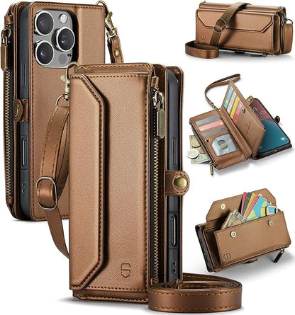 Strapurs Wallet Case Compatible with iPhone 16 Pro Max 6.9" RFID Blocking 10-Card Holder Soft PU Leather Magnetic Snap Shoulder Strap Zipper Pocket Phone Case Fit for iPhone 16 Pro Max - Brown