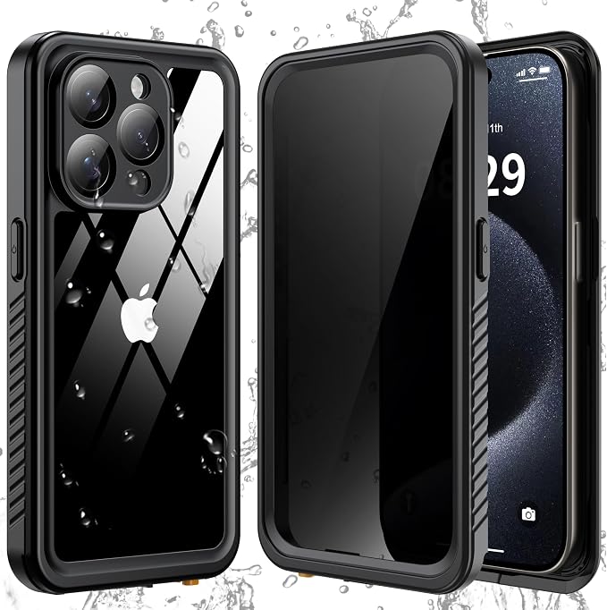 ANTSHARE Waterproof Case for iPhone 15 Pro, with [Built-in Privacy Screen Protector] [IP 68 Underwater], Anti-Peeping Adsorption Full Body Double Protective Case for iPhone 15 Pro, Black