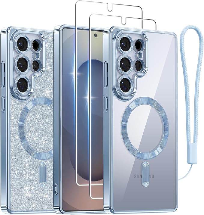 Meifigno Case for Samsung Galaxy S25 Ultra 6.9 inch, [Compatible with MagSafe] [2X HD Screen Protectors] [Glitter Card & Wrist Strap] Full Lens Protection Case for Galaxy S25 Ultra, Silverblue