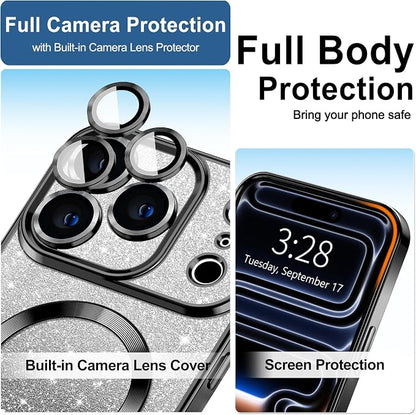 Hython for iPhone 17 Pro Max Case Glitter Clear Magnetic Phone Cases [Compatible with MagSafe] Full Camera Lens Protector Sparkle Luxury Plating Slim Shockproof Protective Cover Women, Gradient Black