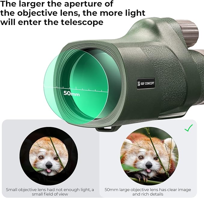 K&F Concept® 12X50 Monocular Telescope with Cleaning Cloth, FMC Lens & BAK4 Prism Telescopes for Adults, Sky Captain HD Monocular for Bird Watching Hunting Hiking Camping Travelling