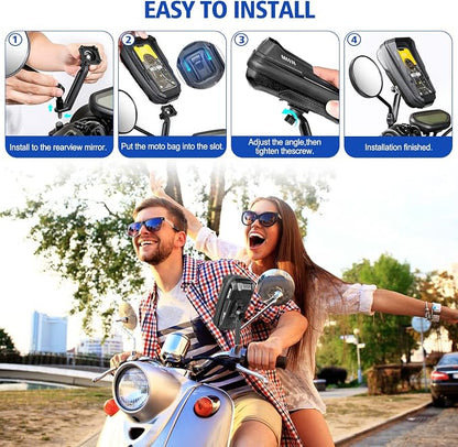 BKNOOU Motorcycle Phone Holder Waterproof Motorcycle Cell Phone Mount 360°Rotation Anti-Shake Upgrade Sun Visor Rain Cover Rearview Mirror Phone Holder Motorbike for Smartphone 4.5" to 6.9"