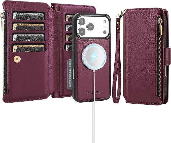 Antsturdy Compatible with Magsafe Magnetic 2 in 1 Detachable iPhone 17 Pro Wallet Case with Credit Card Holder Slots,PU Leather RFID Blocking Phone Cover Wrist Strap Zipper Women Men,Wine Red