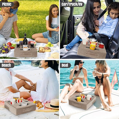 STBoo Couch Cup Holder Pillow Tray - Sofa Drink Cup Holder Cozy Buddy | Bed Caddy Organizer for Remote, Snacks Beverage, Phones, Tablet | Use it on Car, Pack, Beach, RV, Boat, Bedroom (Light Brown)