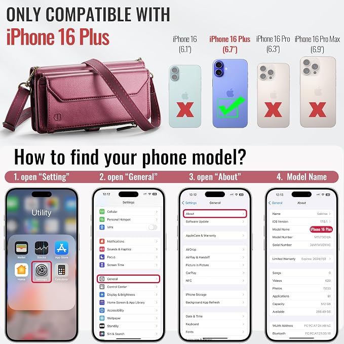 Strapurs Wallet Case Compatible with iPhone 16 Plus 6.7" RFID Blocking 10-Card Holder Soft PU Leather Magnetic Snap Shoulder Strap Zipper Pocket Phone Case Fit for iPhone 16 Plus - Wine Red