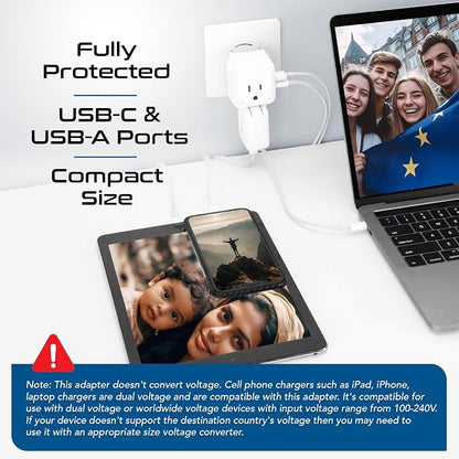 Ceptics International Power Plug Adapter Travel Set, 20W PD & QC, Safe Dual USB & USB-C 3.1A - 2 USA Outlet - Compact - Use Europe, Asia, Africa In Worldwide - Includes 13 Type SWadAPt Attachments