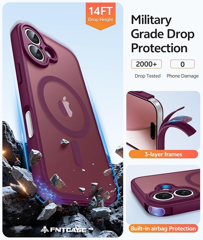 FNTCASE for iPhone 17 Case, Compatible with Magsafe, Glass Screen Protector | Full Camera Protection, Translucent Matte, 14FT Military Grade Drop Proof, Shockproof Protective Phone Cover, Wine Red
