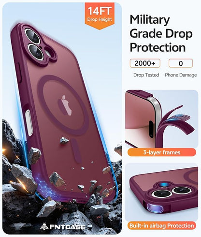 FNTCASE for iPhone 17 Case, Compatible with Magsafe, Glass Screen Protector | Full Camera Protection, Translucent Matte, 14FT Military Grade Drop Proof, Shockproof Protective Phone Cover, Wine Red