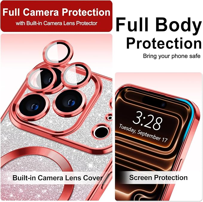 Hython for iPhone 17 Pro Case Glitter Clear Magnetic Phone Cases [Compatible with MagSafe] Full Camera Lens Protector Sparkle Luxury Plating Slim Shockproof Protective Cover Women, Gradient Red