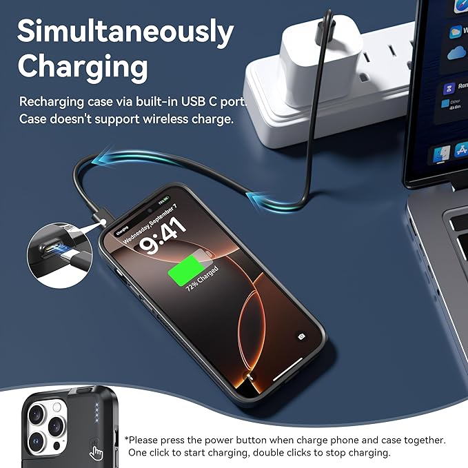 NEWDERY Upgraded Battery Case for iPhone 16 Pro Max, 8000mAh USB-C Portable Power Bank, CarPlay, Sync Data Supported, Rechargeable Charger Case Compatible with iPhone 16 Pro Max 6.9", Black