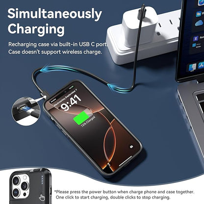 NEWDERY Upgraded Battery Case for iPhone 16 Pro Max, 8000mAh USB-C Portable Power Bank, CarPlay, Sync Data Supported, Rechargeable Charger Case Compatible with iPhone 16 Pro Max 6.9", Black