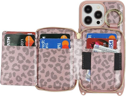 Crossbody Wallet Case for iPhone 14 Pro Max, PU Leather Zipper Handbag Purse Flip Cover, Kickstand Folio Case with Card Slots Holder Wrist Strap Lanyard 5G 6.7 Inch-Pink Leopard