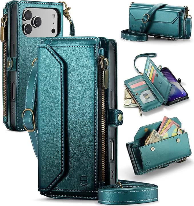 Strapurs Wallet Case Compatible with iPhone 17 Pro Max 6.9" RFID Blocking 10-Card Holder Soft PU Leather Magnetic Snap Shoulder Strap Zipper Pocket Phone Case Fit for iPhone 17 Pro Max - Blue Green