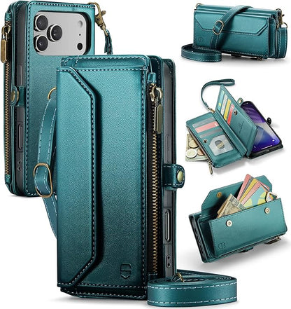 Strapurs Wallet Case Compatible with iPhone 17 Pro Max 6.9" RFID Blocking 10-Card Holder Soft PU Leather Magnetic Snap Shoulder Strap Zipper Pocket Phone Case Fit for iPhone 17 Pro Max - Blue Green