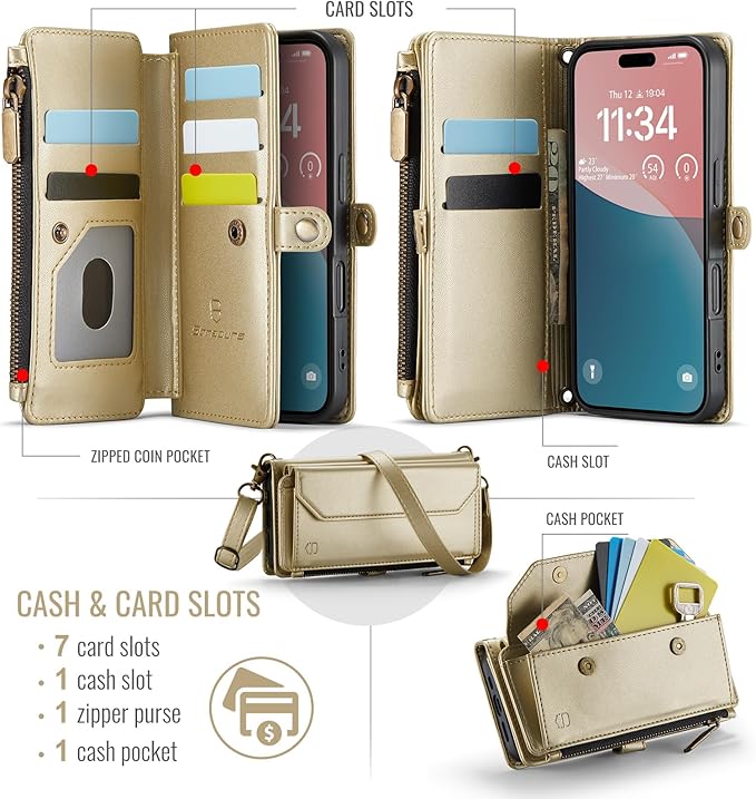 Strapurs Wallet Case Compatible with iPhone 16 6.1" RFID Blocking 7-Card Holder Soft PU Leather Magnetic Snap Shoulder Strap Zipper Pocket Phone Case Fit for iPhone 16 for Women - Gold