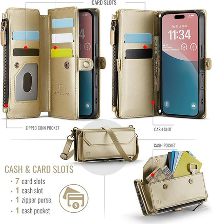 Strapurs Wallet Case Compatible with iPhone 16 6.1" RFID Blocking 7-Card Holder Soft PU Leather Magnetic Snap Shoulder Strap Zipper Pocket Phone Case Fit for iPhone 16 for Women - Gold