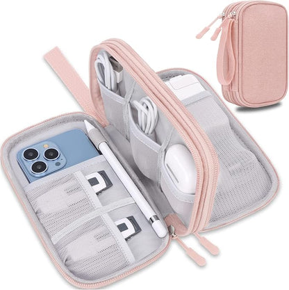 Lacdo Electronic Organizer, Travel Cable Organizer Bag Pouch Tech Electronic Accessories Carry Case Portable Double Layer Charger Case for Cable, Cord, Charger, Phone, Earphone, Power Bank, Light Pink
