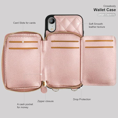 Bocasal Crossbody Wallet Case for iPhone Xr, RFID Blocking PU Leather Zipper Handbag Purse Flip Cover, Kickstand Folio Case with Card Slots Holder Wrist Strap Lanyard 6.1 Inch (Rose Gold)