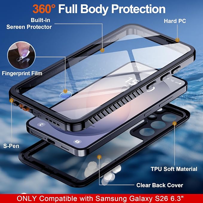 MOZOTER for Samsung Galaxy S26 Plus Case Waterproof,[IPX8 Underwater Case][Full Body Shockproof & Military Dropproof] Built-in Screen Protector Clear Sound Quality for Samsung S26 Plus 6.6 inch-Black