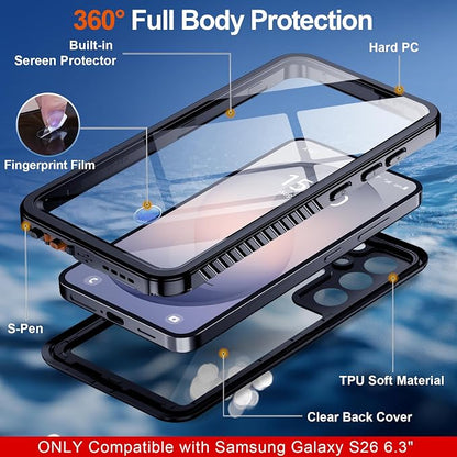 MOZOTER for Samsung Galaxy S26 Case Waterproof,[IPX8 Underwater Case][Full Body Shockproof & Military Dropproof] Built-in Screen Protector Clear Sound Quality for Samsung S26 6.2 inch-Black