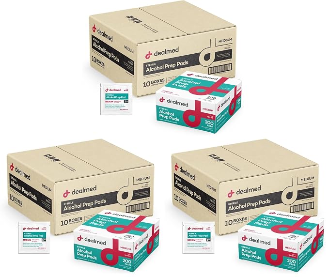 Dealmed Alcohol Prep Pads – 2000 Count Medium Latex-Free Gamma Sterilized Antiseptic Wipes, Wound Care Products for First Aid Kits, Home, and Medical Facilities (Pack of 3)