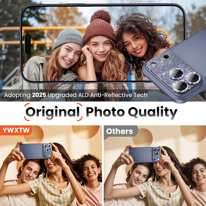 YWXTW for iPhone 17 Pro Max Camera Lens Protector, [Upgraded Glitter Design] Full Bling Sparkly Diamond Tempered Glass Screen Protector Metal Camera Cover Accessories (Glitter Blue, iPhone 17 Pro Max)