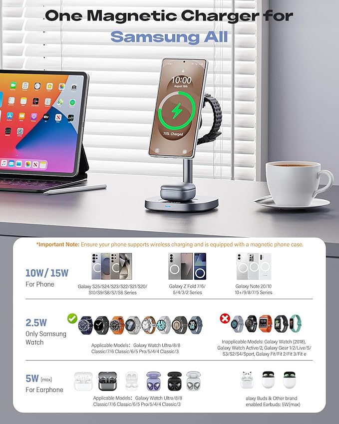 Magnetic Wireless Charger for Samsung, Fast 15W Certified 3 in 1 Charging Station TEC Cooling Compatible with Mag-Safe for Galaxy S26 Ultra/S25/Z Fold 7/Flip7, Samsung Watch Ultra/8/7,Galaxy Buds
