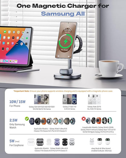 Magnetic Wireless Charger for Samsung, Fast 15W Certified 3 in 1 Charging Station TEC Cooling Compatible with Mag-Safe for Galaxy S26 Ultra/S25/Z Fold 7/Flip7, Samsung Watch Ultra/8/7,Galaxy Buds