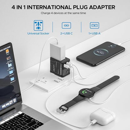 Universal Travel Adapter 30W, 4-Port Power Adapter with 2 USB-C, 1 USB-A | All-in-One Plug Adpater, Works in 200+ Countries, Not a Voltage Converter, Travel Essentials.