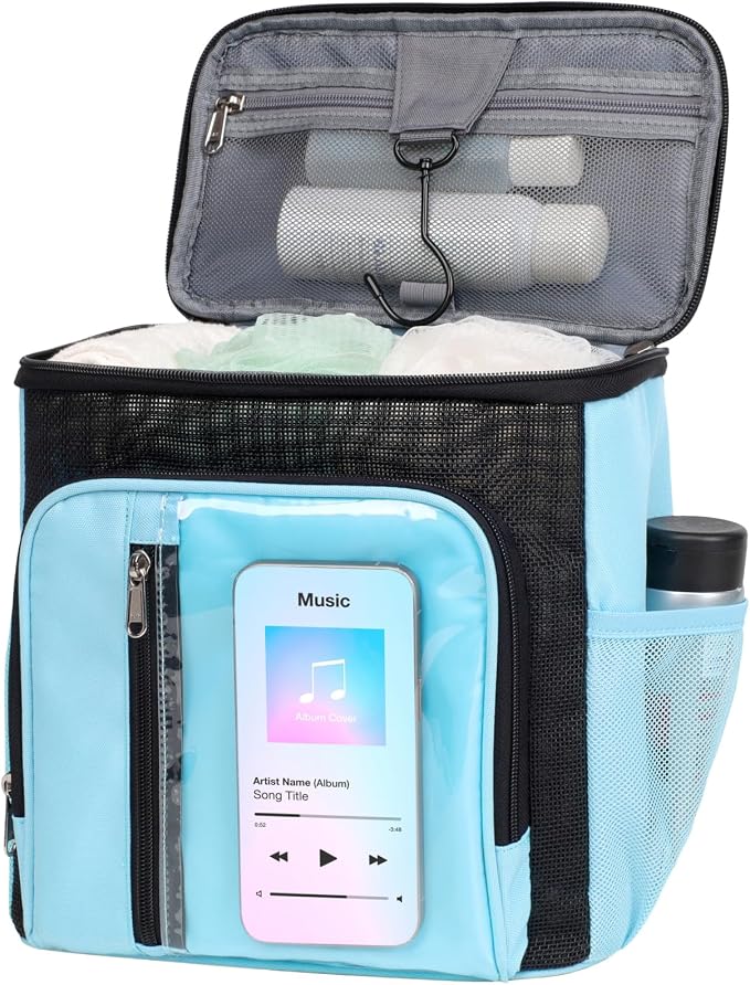 F-color Shower Caddy Portable for College Dorm Essentials - Large Hanging Sturdy Handle Toiletry Tote Bag with Hook, Multiple Pockets, Quick Dry Organizer for Camping, Travel, Gym, Light Blue