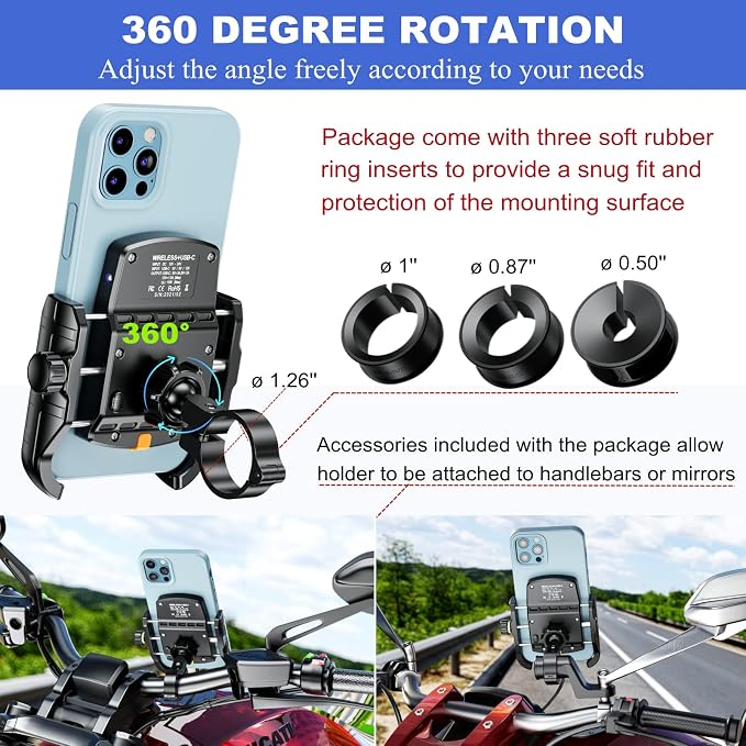 BRCOVAN Motorcycle Phone Mount Holder with Qi 15W Wireless Charger & PD/USB-C 20W Fast Charging Port, Waterproof Cellphone Cradle with Aluminum Alloy Handlebar Mounting Base for 4-8" Smartphone