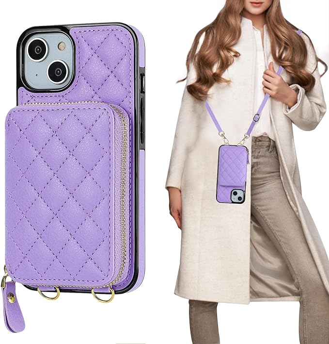 Bocasal Crossbody Wallet Case for iPhone 14, RFID Blocking PU Leather Zipper Handbag Purse Flip Cover, Kickstand Folio Case with Card Slots Holder Wrist Strap Lanyard 5G 6.1 Inch (Purple)