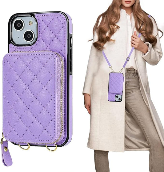 Bocasal Crossbody Wallet Case for iPhone 13, RFID Blocking PU Leather Zipper Handbag Purse Flip Cover, Kickstand Folio Case with Card Slots Holder Wrist Strap Lanyard 5G 6.1 Inch (Purple)