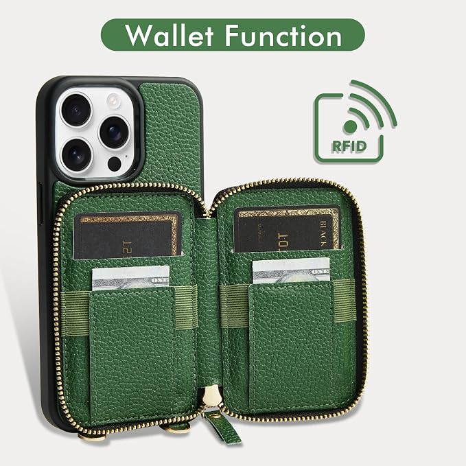 ZVE for iPhone 14 Pro Crossbody Wallet Case, Zipper Leather Phone Case with RFID Blocking Card Holder Wrist Strap Compatible with iPhone 14 Pro, 6.1 inch, Dark Green
